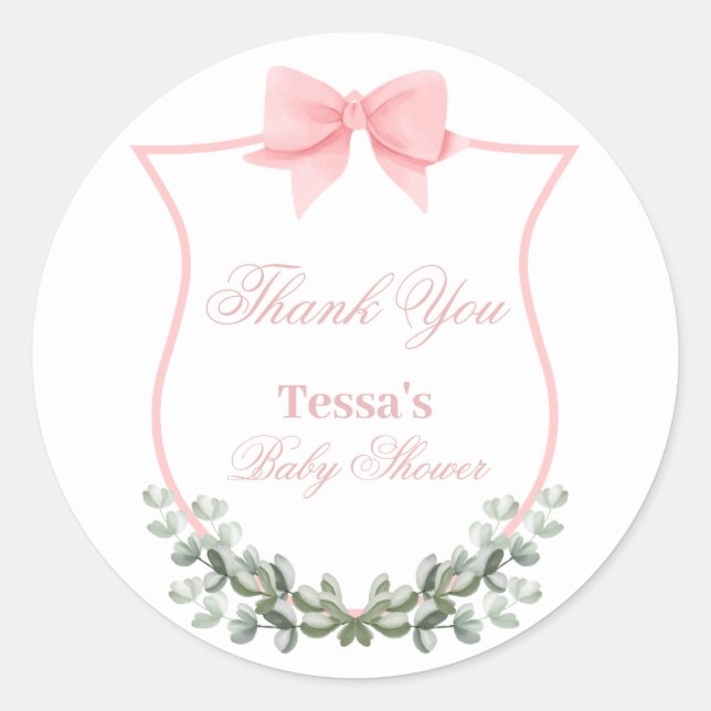 Rosa Elegant Bow Eucalyptus Wappen Babydusche Runder Aufkleber (Vorderseite)