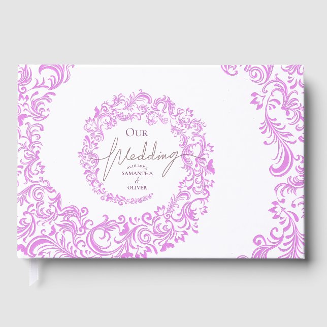 Rosa Elegant Damask Hochzeit Gästebuch (Vorderseite)