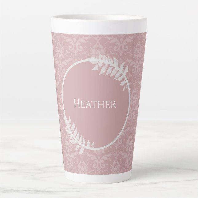 Rosa Elegant Damask Personalisierte Latte-Tasse Milchtasse (Vorderseite)