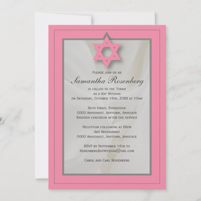 Rosa Elegant Fabric Bat Mitzvah Einladung (Vorderseite)