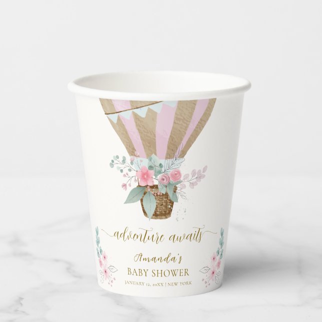 Rosa Elegant Floral Hot Air Ballon Babydusche Pappbecher (Vorderseite)