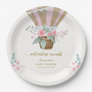 Rosa Elegant Floral Hot Air Ballon Babydusche Pappteller
