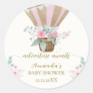 Rosa Elegant Floral Hot Air Ballon Babydusche Runder Aufkleber