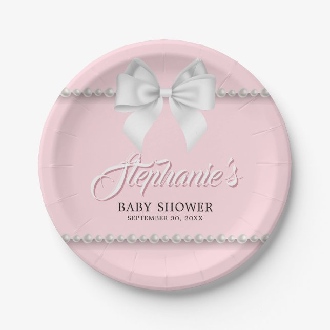 Rosa Elegant Tiffany Pearls Bow Extravagant Baby S Pappteller (Vorderseite)