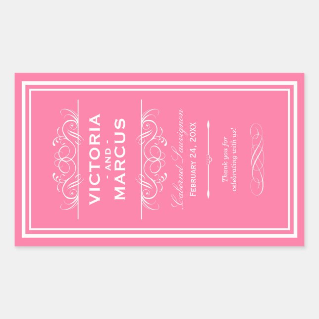 Rosa Elegant Wedding Monogram Wine Flasche Rechteckiger Aufkleber (Vorderseite)
