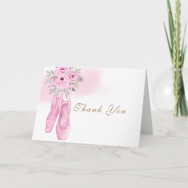 Rosa Elegante Blütenballerina Schuhe Babydusche Dankeskarte (Vorderseite)