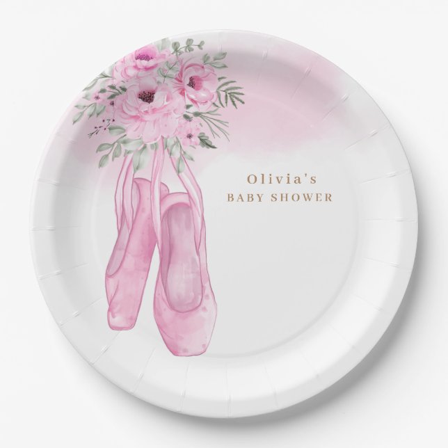 Rosa Elegante Blütenballerina Schuhe Babydusche Pappteller (Vorderseite)