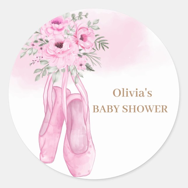 Rosa Elegante Blütenballerina Schuhe Babydusche Runder Aufkleber (Vorderseite)