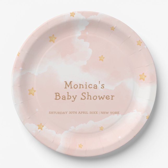 Rosa Elegante Cloud Nine Stars Girl Babydusche Pappteller (Vorderseite)