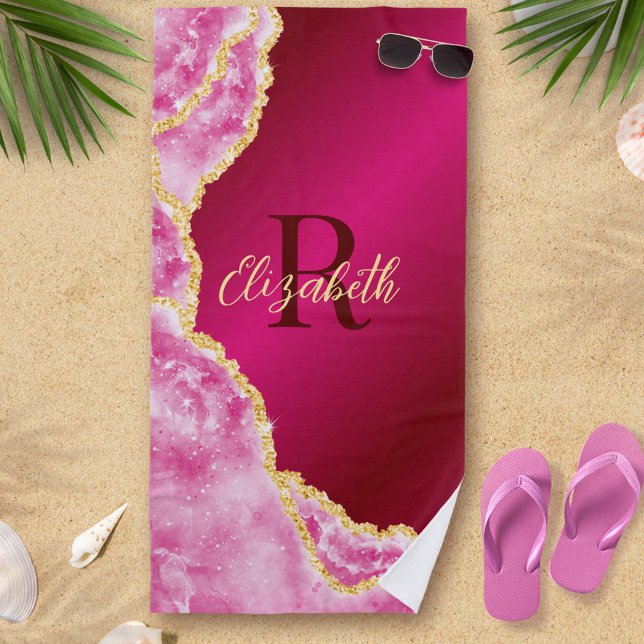 Rosa Elegante Girly Mit Monogramm Individuelle Nam Strandtuch (Von Creator hochgeladen)