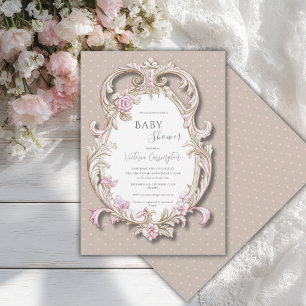 Rosa elegante goldene Rahmen-Baby-Party Einladung