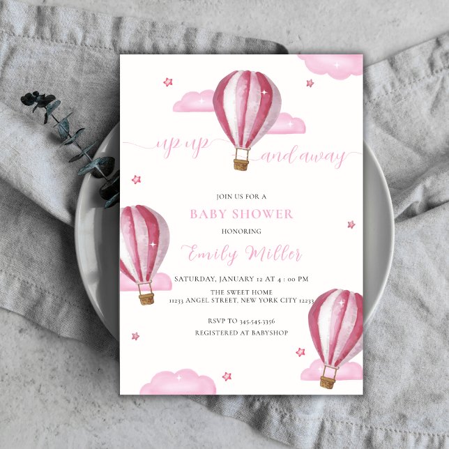 Rosa Elegante Hot Air Ballon Girl Baby Dusche Einladung (Pink Elegant Hot Air Balloon Girl Baby Shower Invitation)