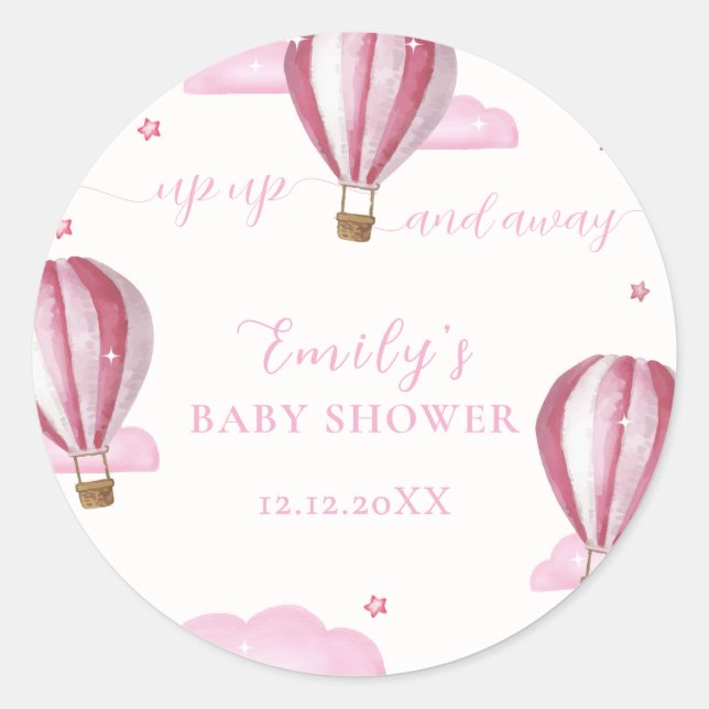 Rosa Elegante Hot Air Ballon Girl Baby Dusche Runder Aufkleber (Vorderseite)