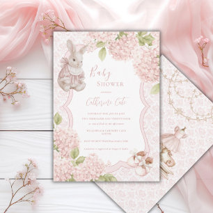 Rosa elegante Hydrangea Vintage-Häschen Baby Einladung