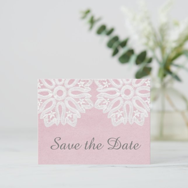Rosa Elegante Spitze Save the Date Postkarte (Stehend Vorderseite)