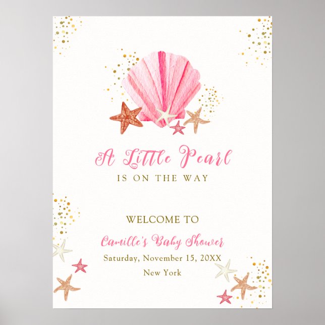 Rosa Elegante Starfish Seashell Baby Dusche Empfan Poster (Vorne)