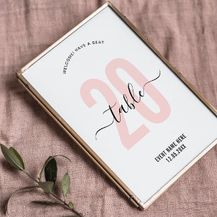 Rosa elegante Tischnummern-Schild mit Kalligrafie Tischnummer