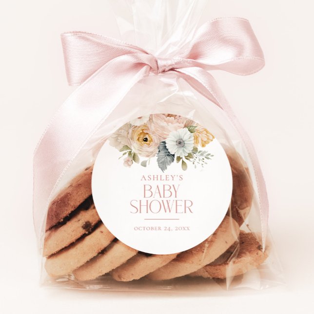 Rosa Elegante Vintage botanische Babydusche Runder Aufkleber (Von Creator hochgeladen)