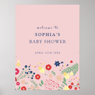 Rosa Elegante Wildblume Babydusche Empfang Poster