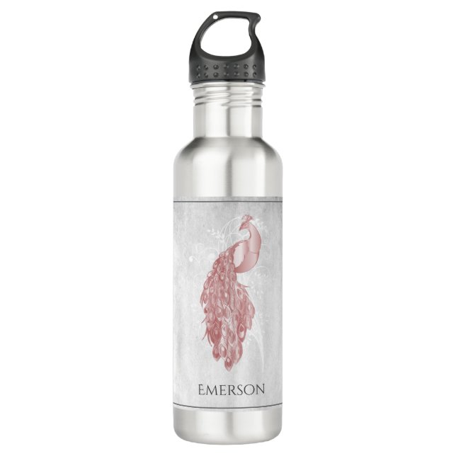 Rosa Eleganter Pfau Personalisiert Edelstahlflasche (Vorderseite)