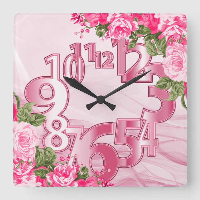 Rosa elegantes Blumen Quadratische Wanduhr (Vorderseite)