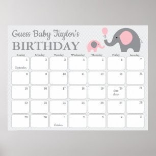 Rosa Elephant Baby Birthday Predictionary Calendar Poster