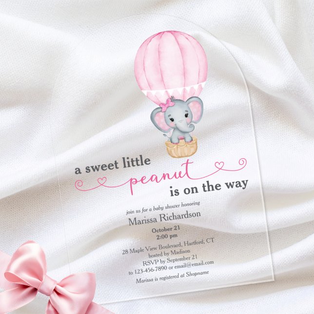 Rosa Elephant Baby Girl Dusche Arch Acryleinladungen (cute elephant in balloon sweet little peanut baby girl shower arch acrylic invitation)