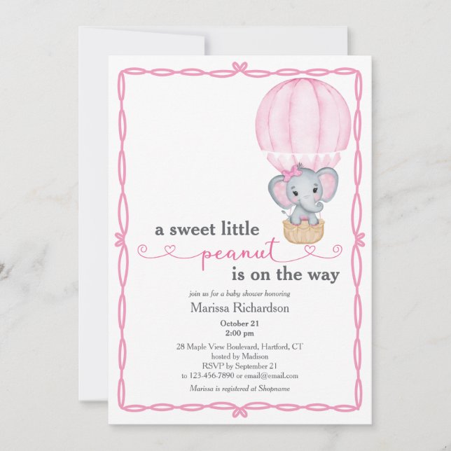 Rosa Elephant Baby Girl Dusche Einladung (Vorderseite)
