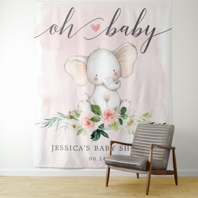 Rosa Elephant Babydusche Banner Foto Hintergrund Wandteppich (Beispiel)