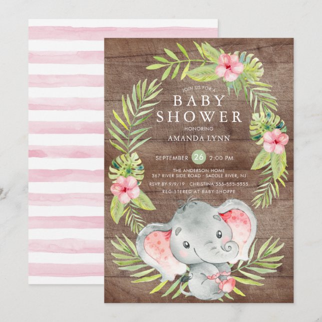 Rosa Elephant Girl Rustic Baby Dusche Einladung (Vorne/Hinten)
