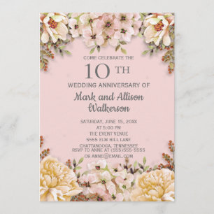 Rosa Elfenbein Blumen 10. Hochzeitstag Einladung