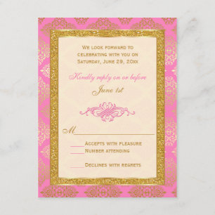 Rosa, Elfenbein, Gold Glitter, Damast Blumen RSVP Einladung