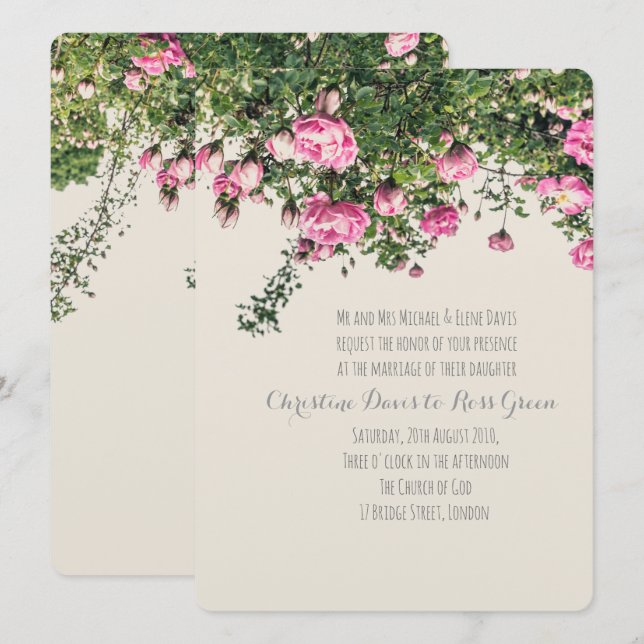 Rosa englische Rose, blumengeschmückte Hochzeit Einladung (Vorne/Hinten)