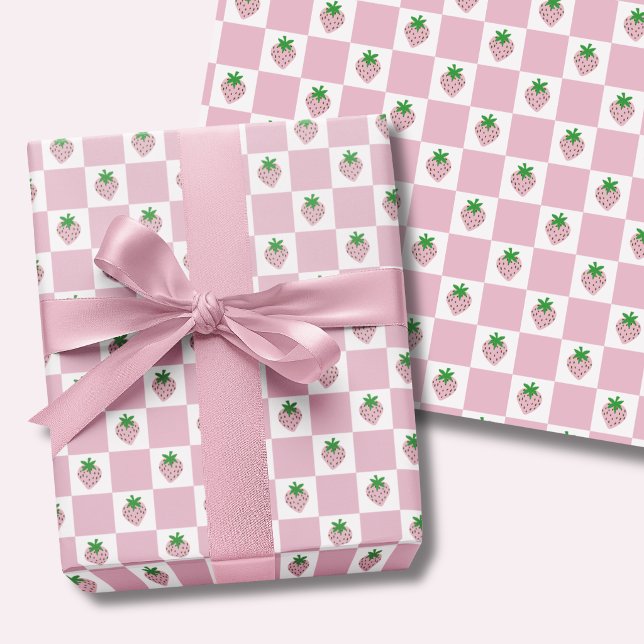 Rosa Erdbeer-Karo-Sommer Geschenkpapier Set (Pink strawberry checkboard wrapping paper sheets)