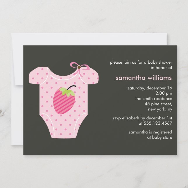 Rosa Erdbeerausstattungs-Mädchen-Babyparty Einladung (Vorderseite)