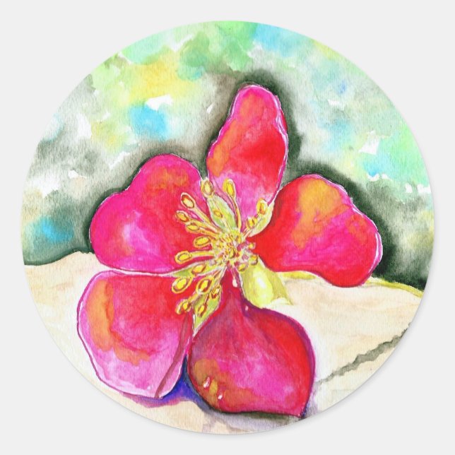 Rosa Erdbeere Blume Wasserfarbe Runder Aufkleber (Vorderseite)
