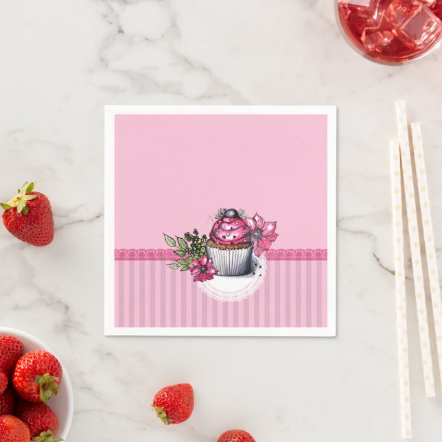 Rosa Erdbeere Cupcake mit rosa Blume Napkins Serviette (Beispiel)