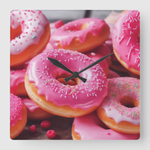 Rosa Erdbeere Donuts Quadratische Wanduhr