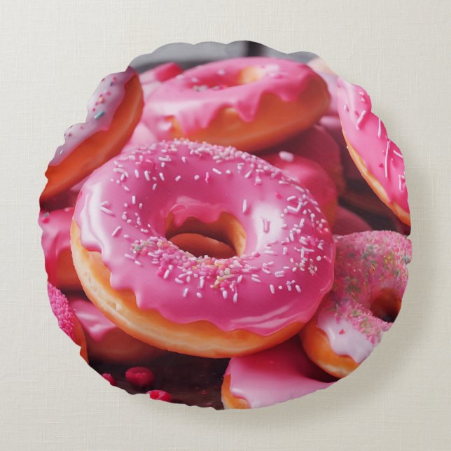 Rosa Erdbeere Donuts Rundes Kissen (Vorderseite)