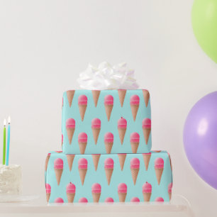 Rosa Erdbeere Eis Crememuster, blau Geschenkpapier