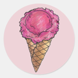 Rosa Erdbeere Eis Waffelkone Feinschmecker Runder Aufkleber