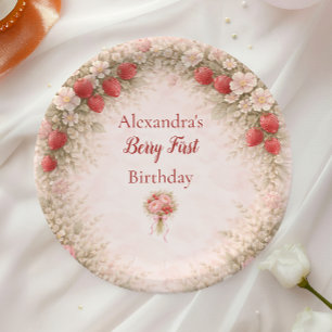 Rosa Erdbeere Vintage Garten 1. Geburtstag Pappteller