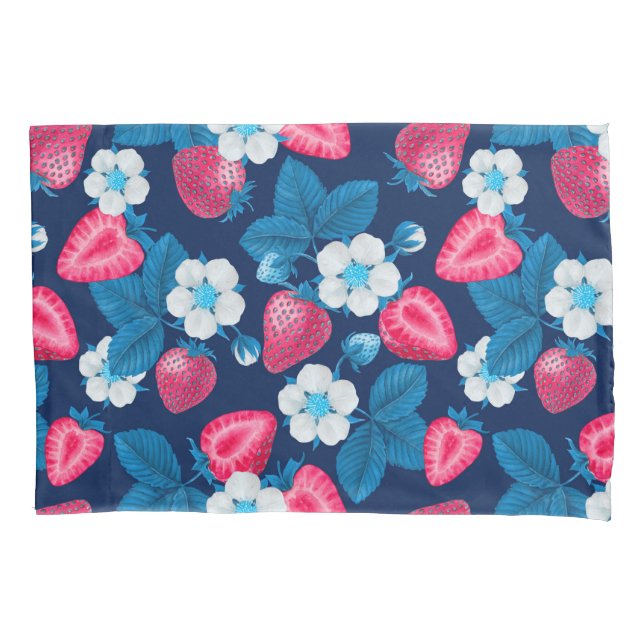 Rosa Erdbeeren auf blau Kissenbezug (Vorderseite)