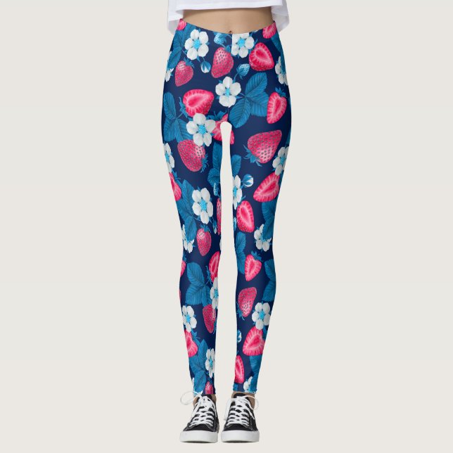 Rosa Erdbeeren auf blau Leggings (Vorderseite)