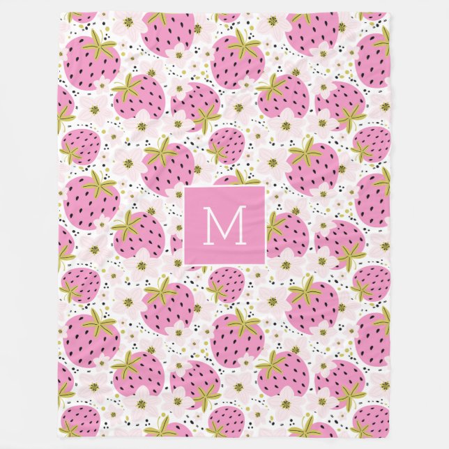 Rosa Erdbeeren Custom Monogram Fleecedecke (Vorderseite)