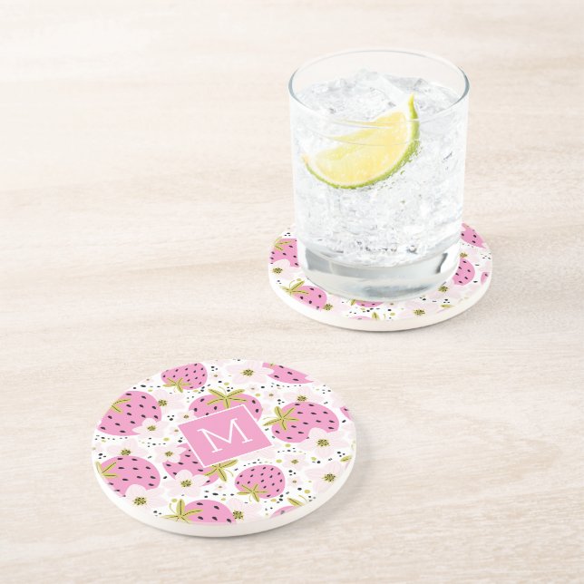 Rosa Erdbeeren Custom Monogram Getränkeuntersetzer (Seite)