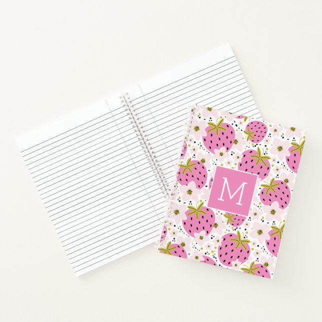 Rosa Erdbeeren Custom Monogram Notizbuch (Innenseite)