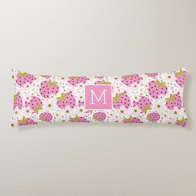 Rosa Erdbeeren Custom Monogram Seitenschläferkissen (Vorderseite)