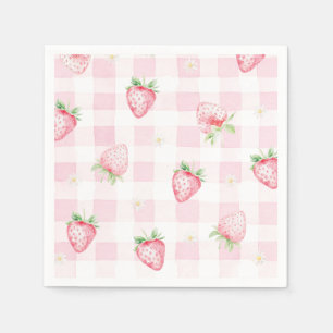 Rosa Erdbeeren Gingham Erdbeere Erster 1. Geburtst Serviette