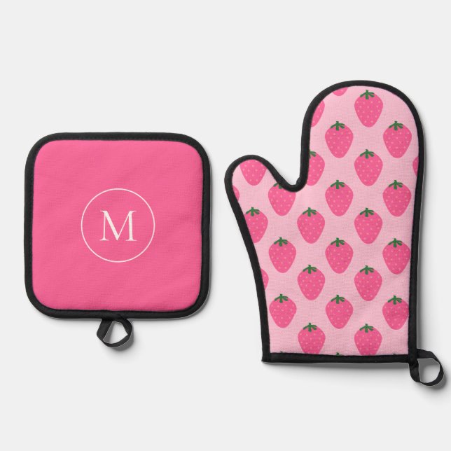Rosa Erdbeeren, niedlich, kundenspezifisch Ofenhandschuh & Topflappen-Set (Vorderseite)